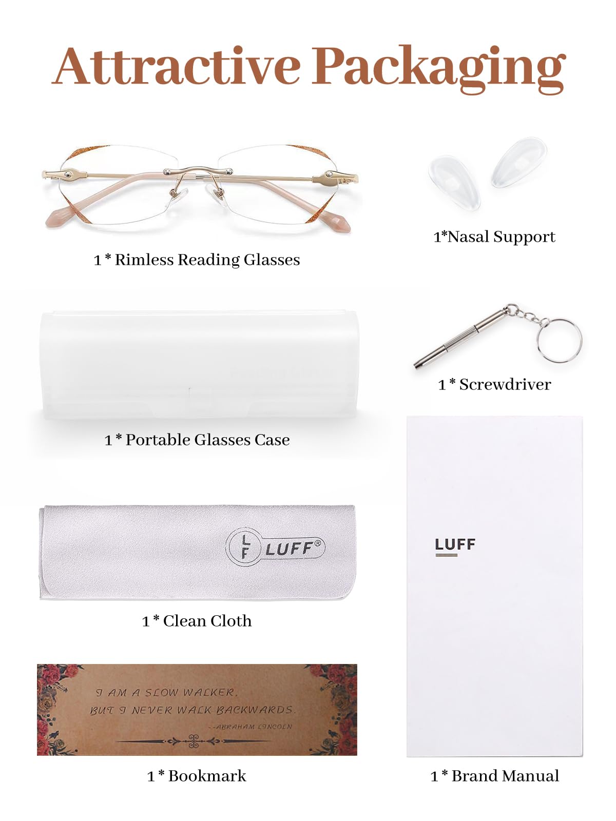 LUFF Rimless Reading Glasses for Women & Men, Lightweight Blue Light Blocking Readers, Anti-Eyestrain Computer Glasses + Case