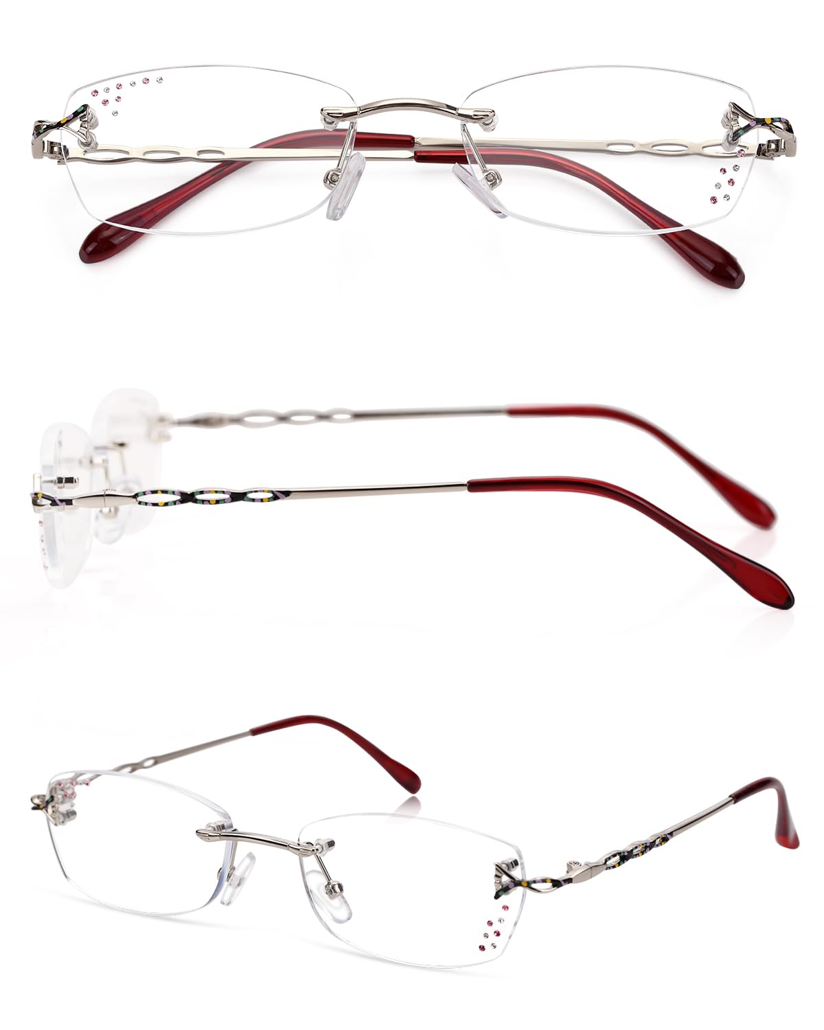 LUFF Rimless Reading Glasses for Women, Fashion Diamond Cutting Frameless Glasses,Stylish Ultra-light Metal Frameless