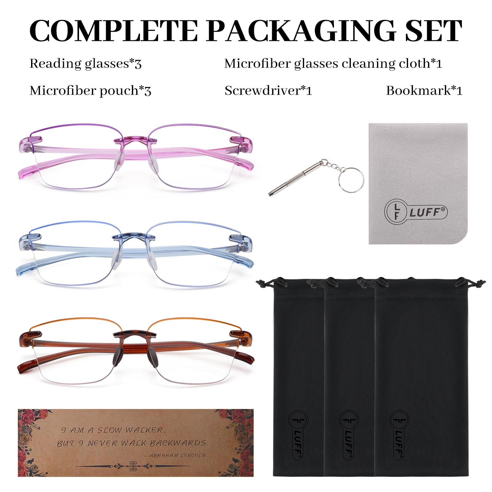 LUFF Cat-Eye Blue-Light Reading Glasses for Women, 3-Pack - Rimless Lightweight Comfort readers Integrated Silicone Nose Pads