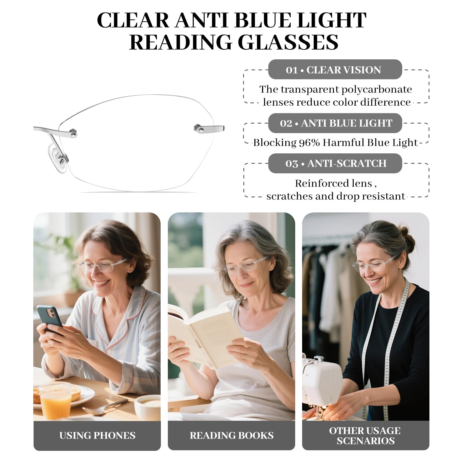 LUFF Rimless Reading Glasses for women men Blue light blocking lightweight metal classic computer readers Anti Eyestrain