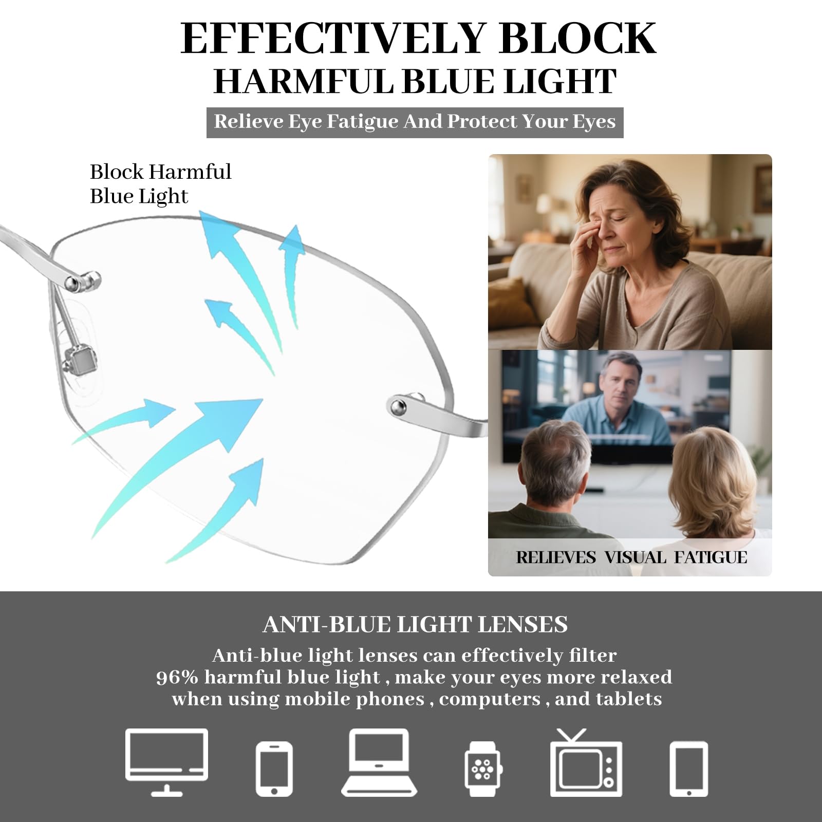 LUFF Rimless Reading Glasses for women men Blue light blocking lightweight metal classic computer readers Anti Eyestrain