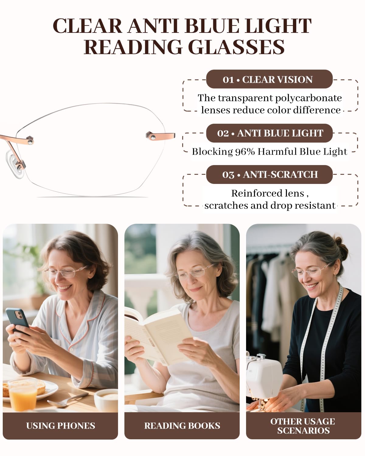 LUFF Rimless Reading Glasses for women men Blue light blocking lightweight metal classic computer readers Anti Eyestrain
