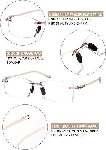 TERAISE Rimless Reading Glasses Comfortable Lightweight Frameless Reader Men Women Blue Light Blocking Computer Eyeglasses