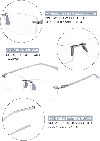 TERAISE Rimless Reading Glasses Comfortable Lightweight Frameless Reader Men Women Blue Light Blocking Computer Eyeglasses