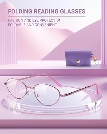 TERAISE Folding Reading Glasses for Women, Anti Blue Light Compact Readers Portable Case, Lightweight Metal Eyeglasses