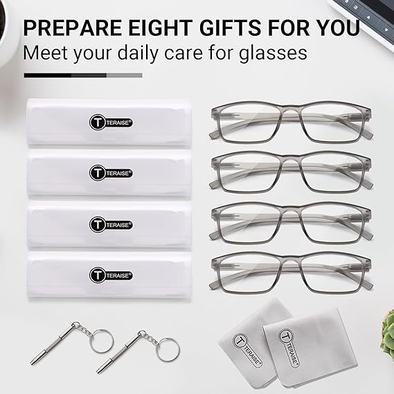 TERAISE 4-Pack Reading Glasses Blue Light Blocking Reader for Men Ultra-light