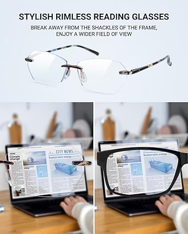 TERAISE Rimless Reading Glasses for Women/Men,Blue Light Blocking Reading Glasses,Ultralight Frameless Computer Readers