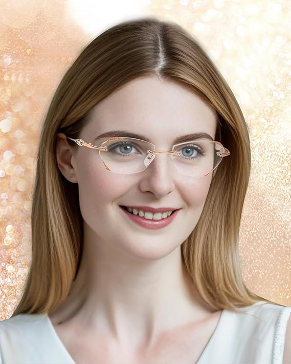 TERAISE Frameless Reading Glasses For Women With Blue Light Blocking,Fashion Diamond Cutting Rimless Eyeglasses
