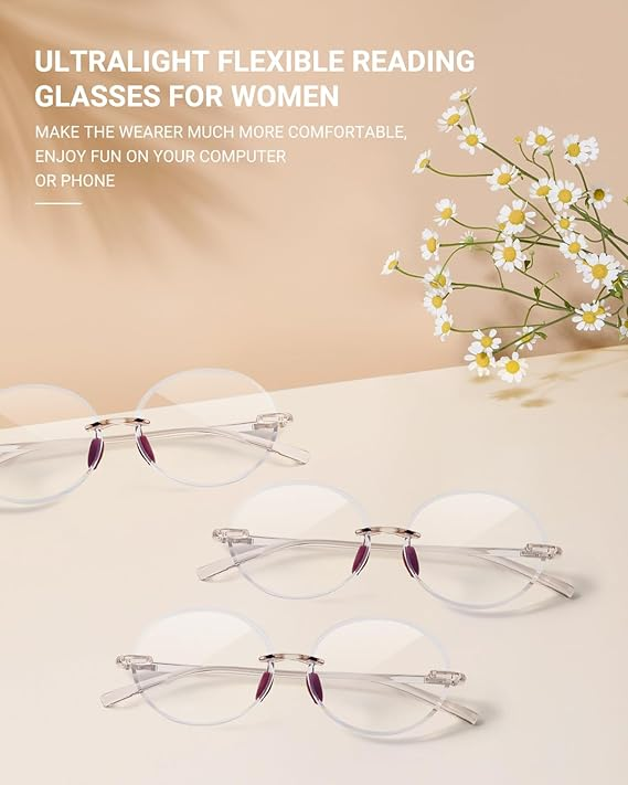 TERAISE Rimless Reading Glasses for Women,3 Pack Blue Light Blocking Reading Glasses,Ultralight Frameless Reader