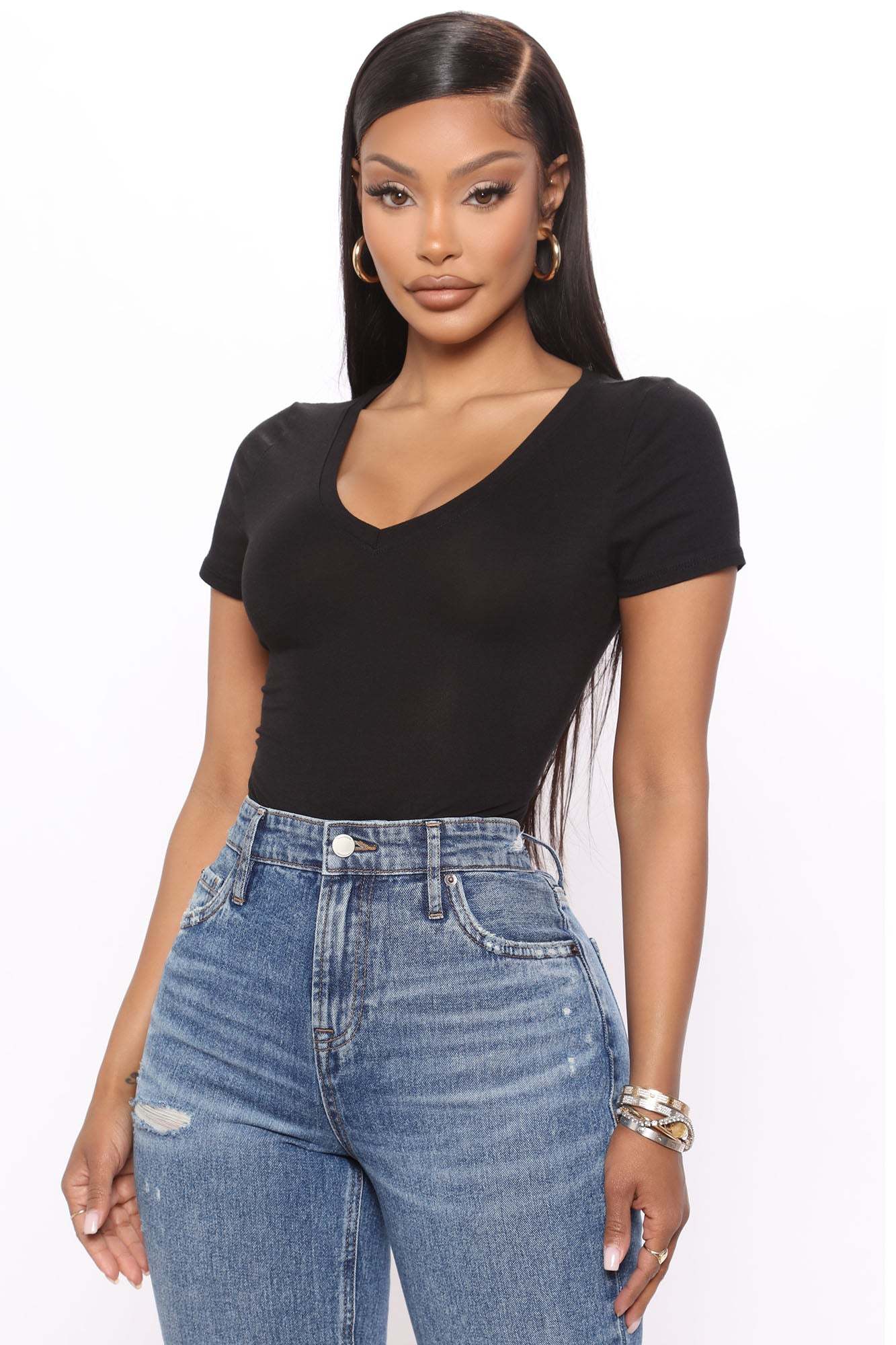 Jess V Neck Short Sleeve Top - Black