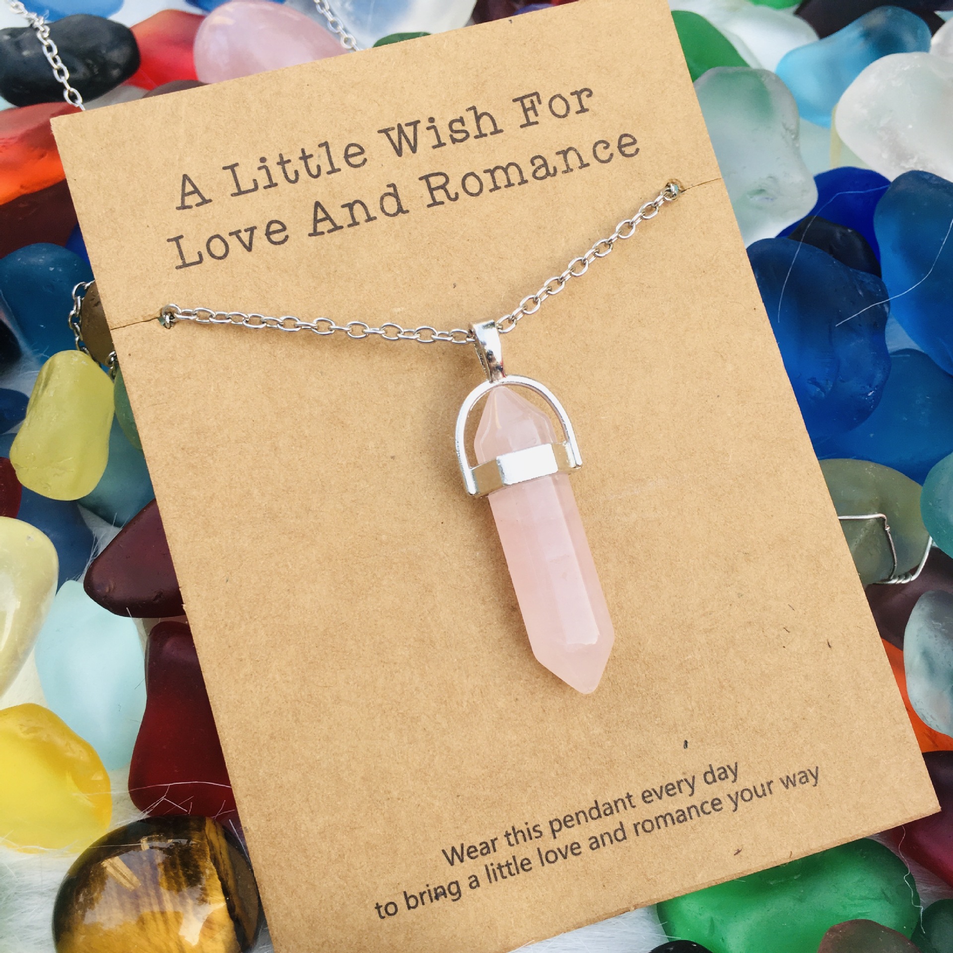 許願卡片六棱柱水晶吊墜項鏈