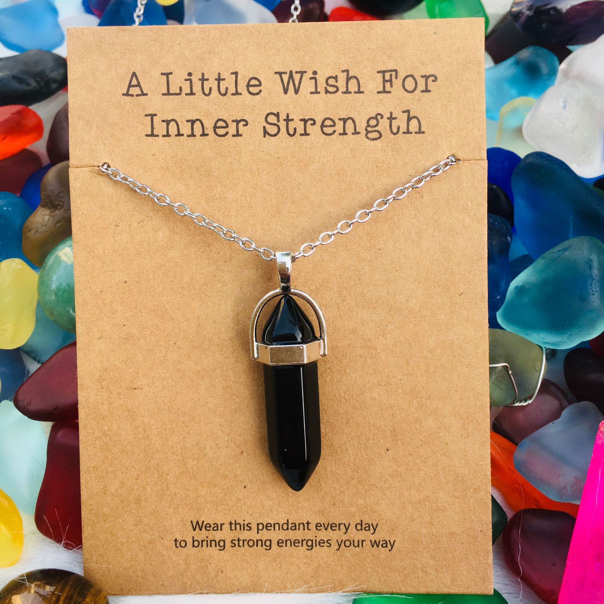 許願卡片六棱柱水晶吊墜項鏈