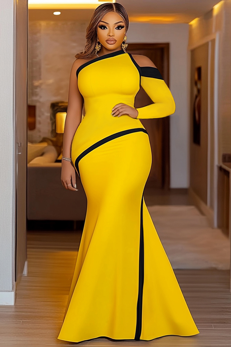 One Shoulder Long Sleeve Contrast Trim Party Maxi Dresses-Yellow [Pre Order]