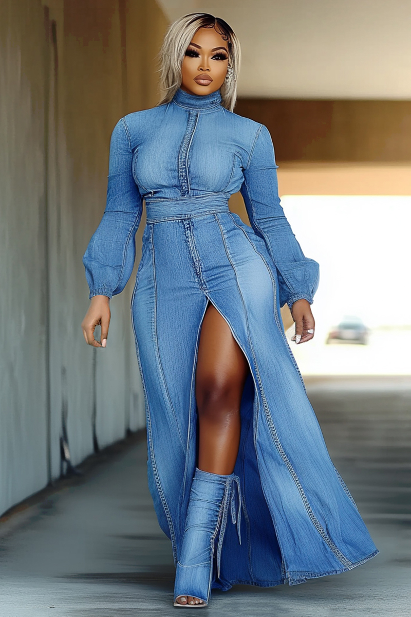 Mock Neck Bell Sleeve Quilted High Slit Denim Maxi Dresses-Blue [Pre Order]