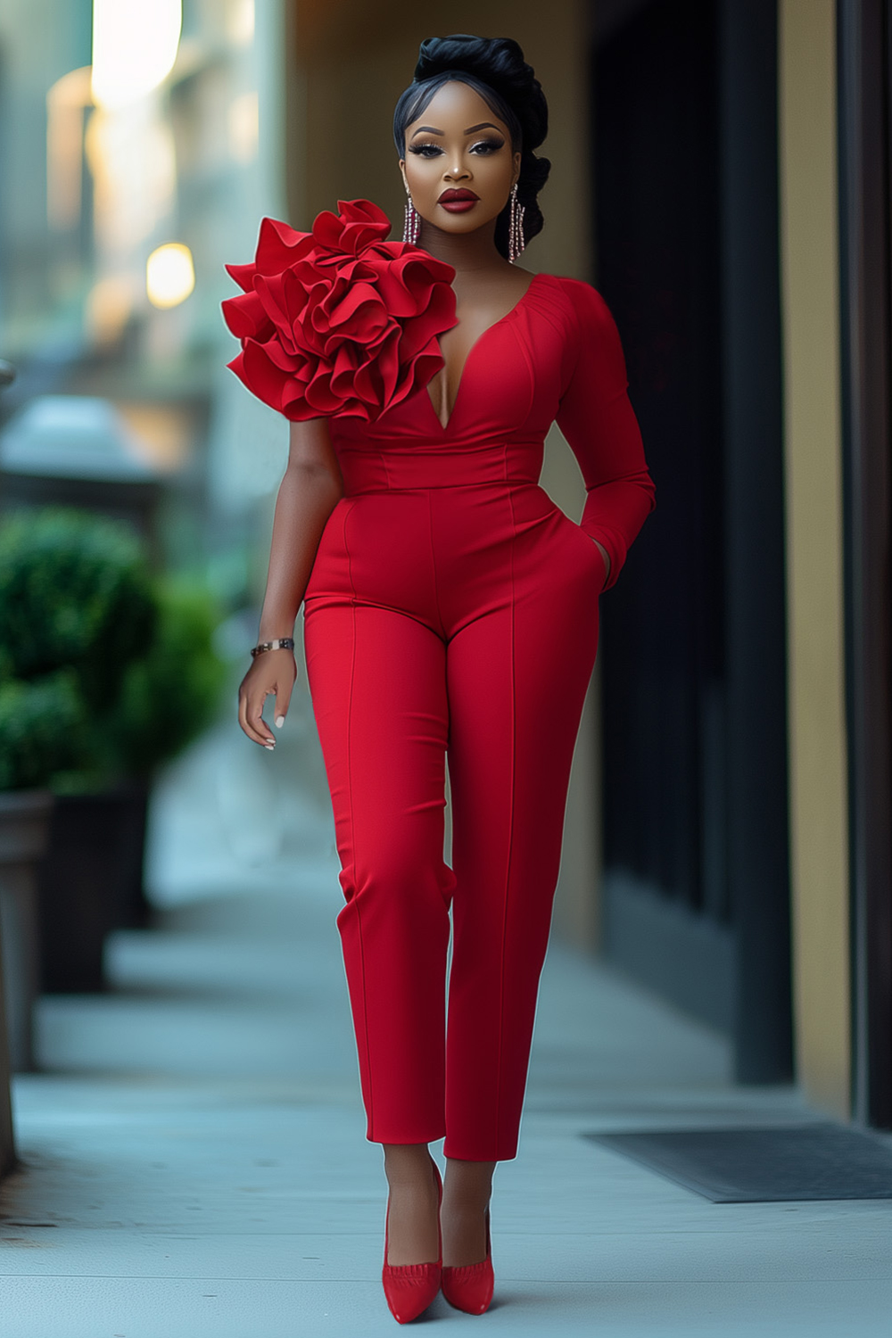 Rosette Decor One Shoulder Deep V Neck Straight Leg Jumpsuit-Red [Pre Order]