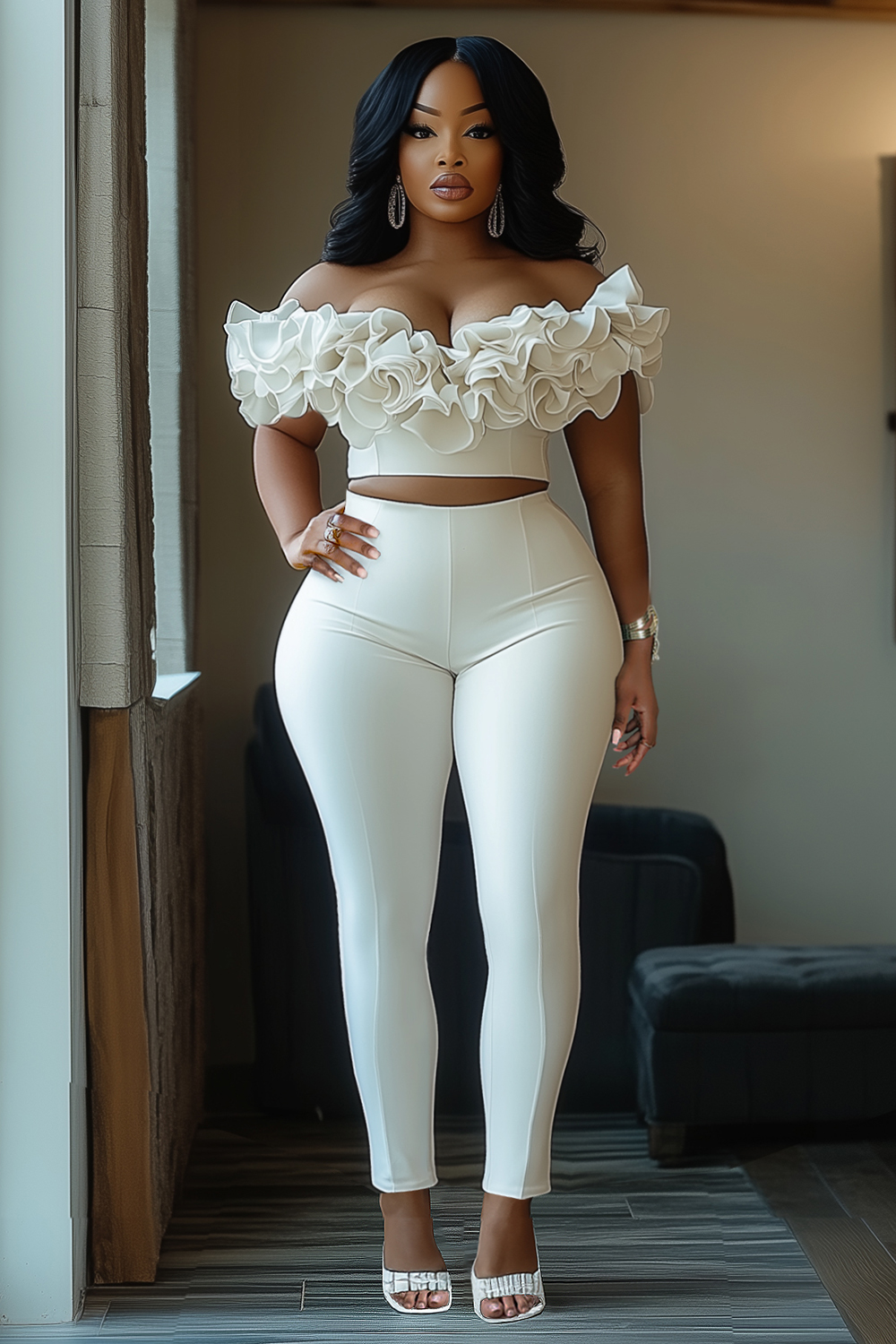 Off Shoulder Ruffle Crop Top High Waist Pants 2pcs Set-White