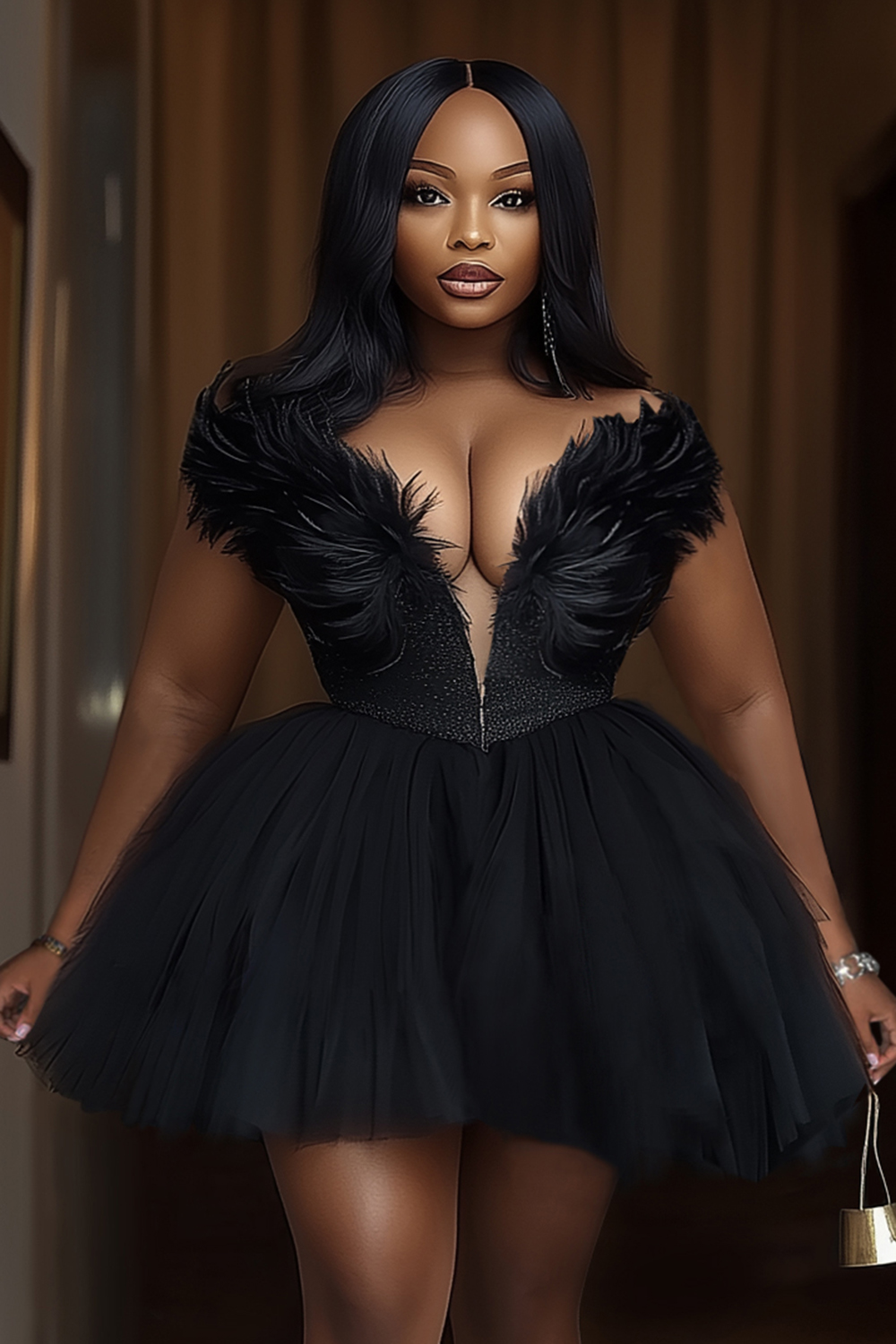 Deep V Neck Feather Decor Mesh Hem Mini Dresses-Black [Pre Order]