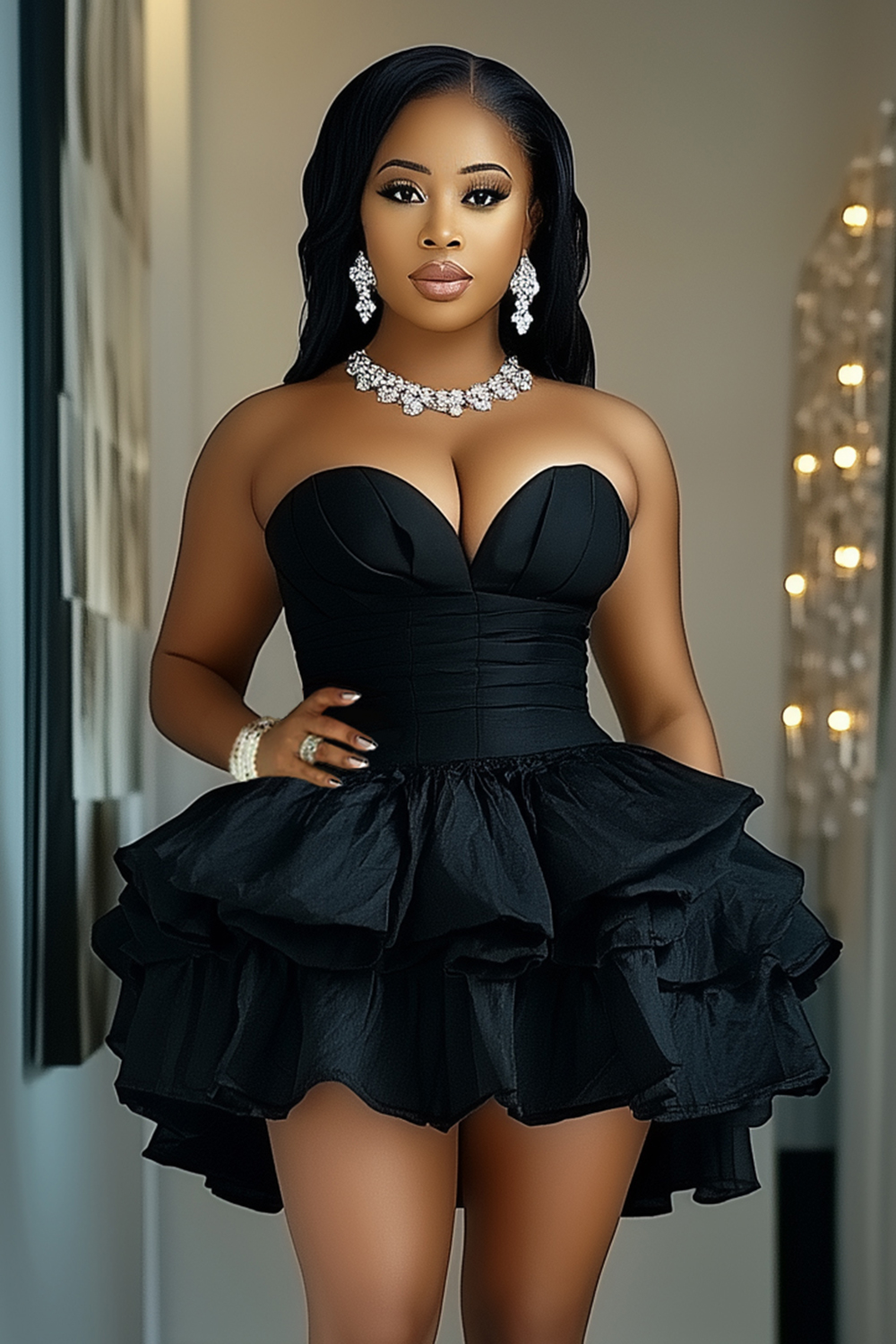 Sweetheart Neck Strapless Cinch Waist Layered Mini Dresses-Black [Pre Order]