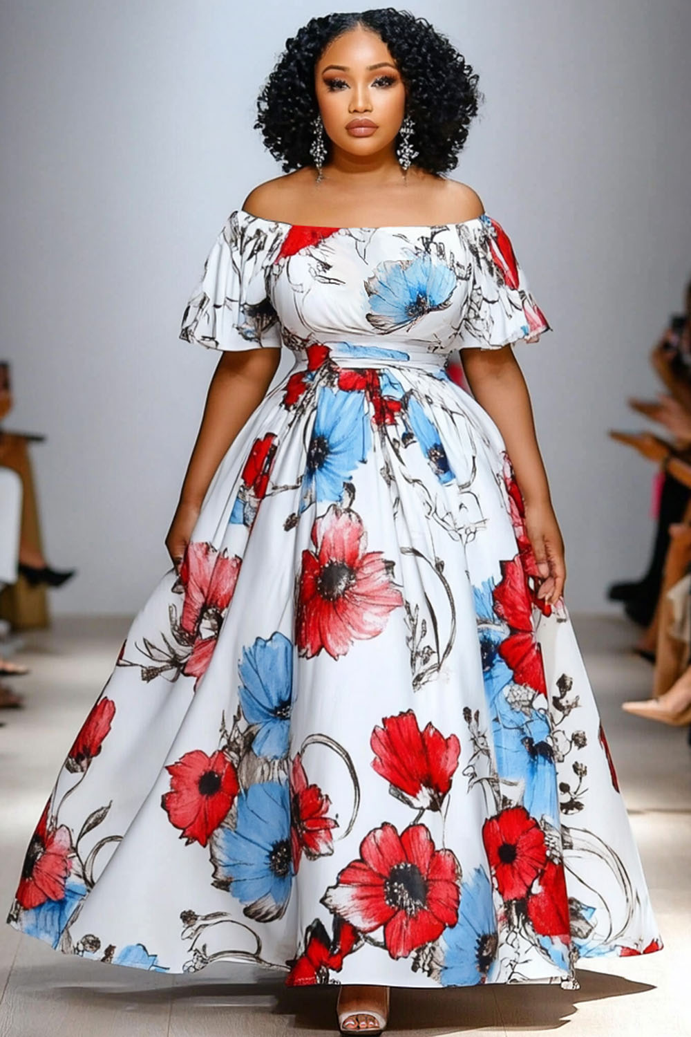 Off Shoulder Puff Sleeve Floral Print Party Maxi Dresses-White [Pre Order]