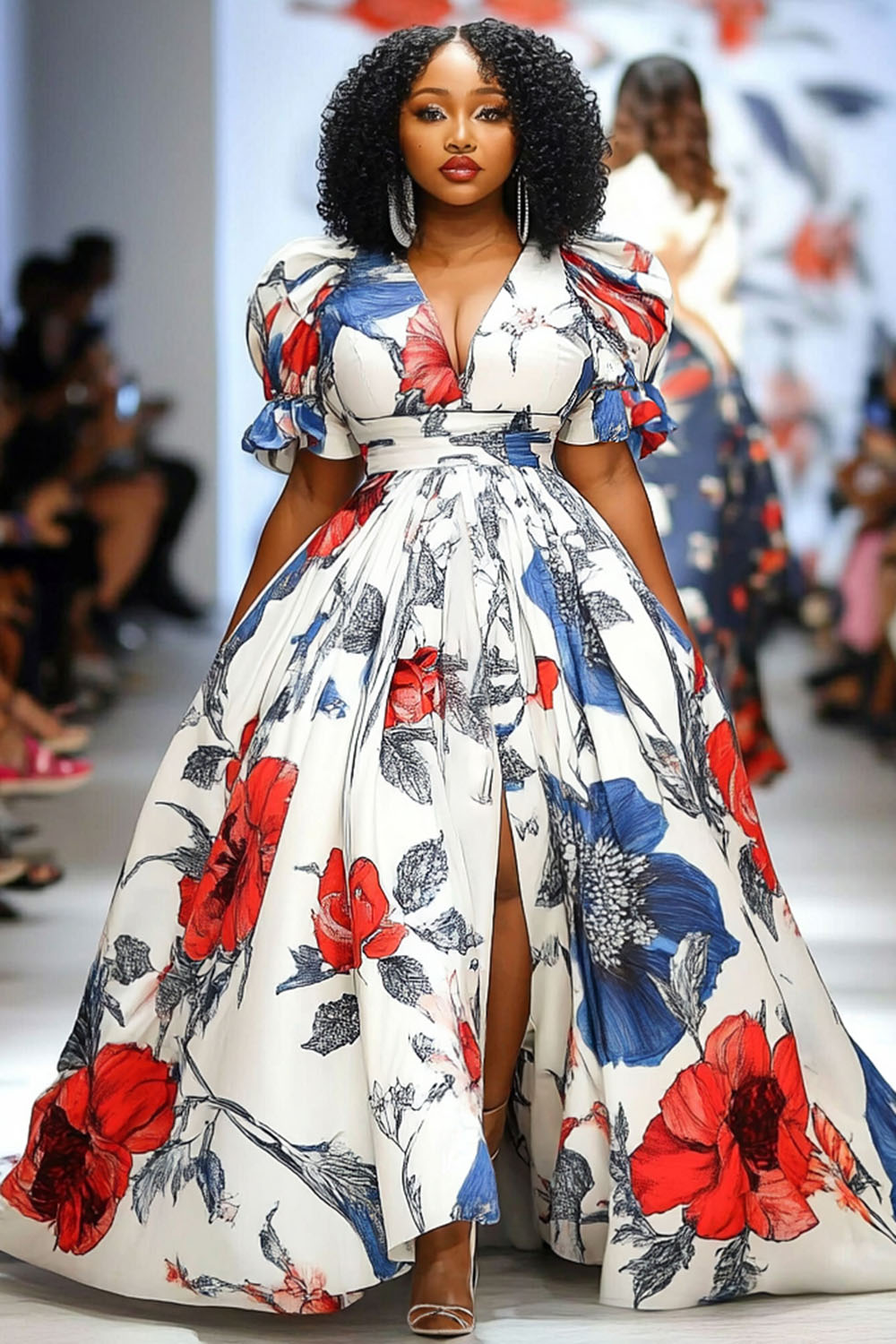 V Neck Puff Sleeve Floral Print Slit Party Maxi Dresses-White [Pre Order]