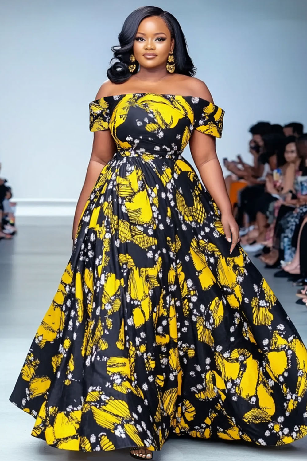 Off Shoulder Pattern Print A-Line Party Maxi Dresses-Black [Pre Order]