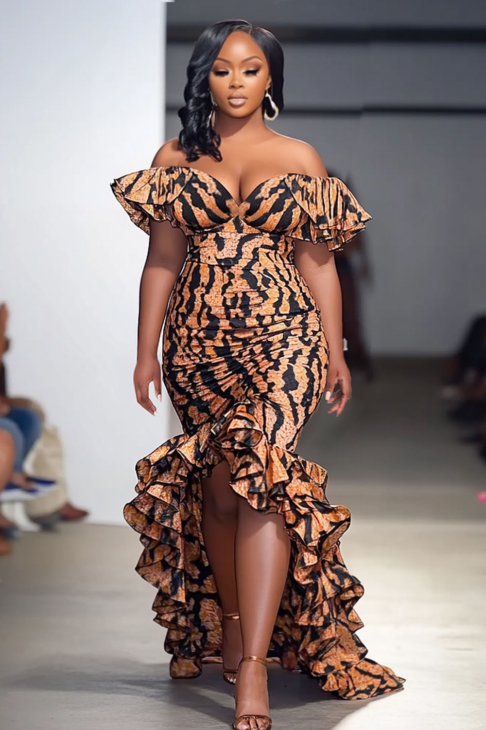 Off Shoulder Ruffle Zebra Print Party Maxi Fishtail Dresses-Brown [Pre Order]