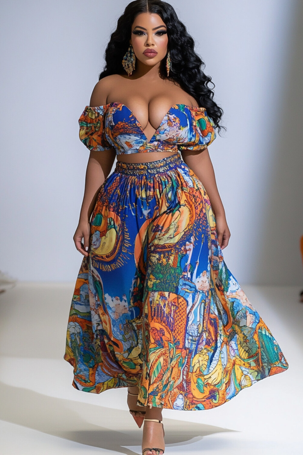 Tribal Print Off Shoulder Top Maxi Skirt Vacation 2pcs Set-Blue [Pre Order]
