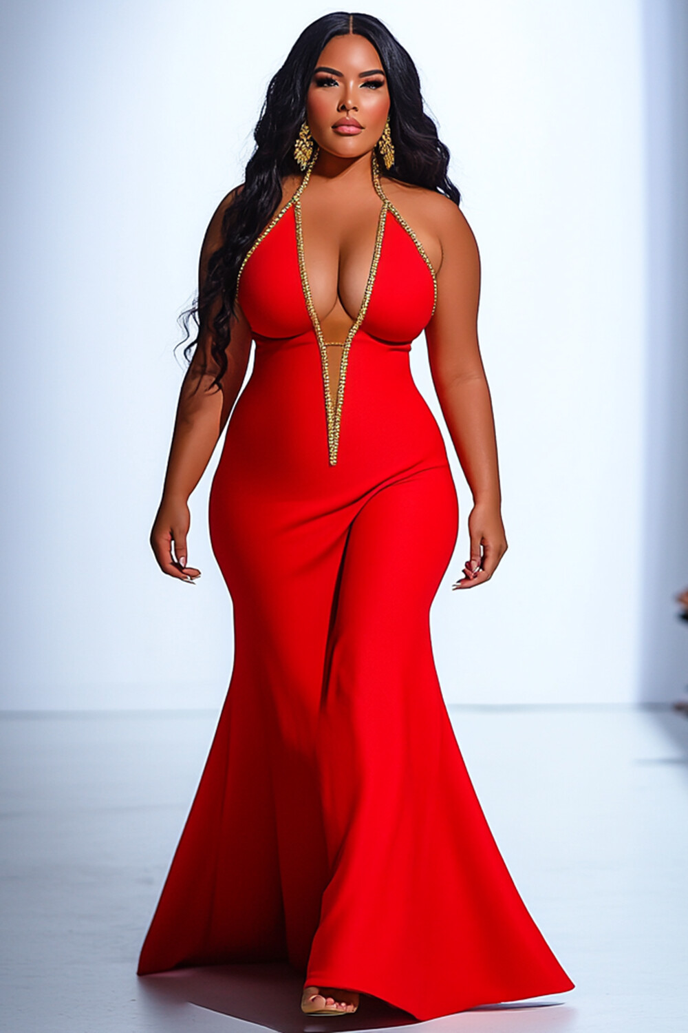 Diamante Straps Deep V Halter Party Fishtail Maxi Dresses-Red [Pre Order]