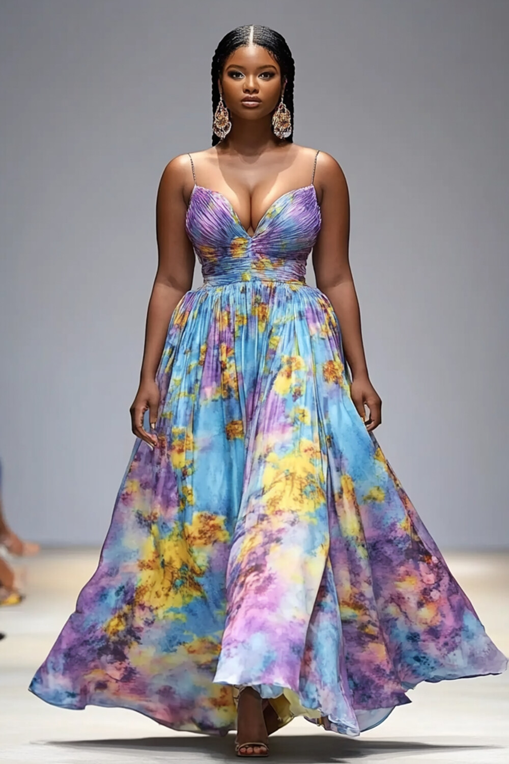 V Neck Cinch Waist Floral Print Party Maxi Slip Dresses-Blue [Pre Order]