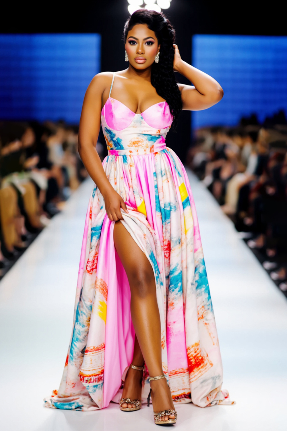 Painting Print Gathered Slit Hem Party Maxi Slip Dresses-Pink [Pre Order]