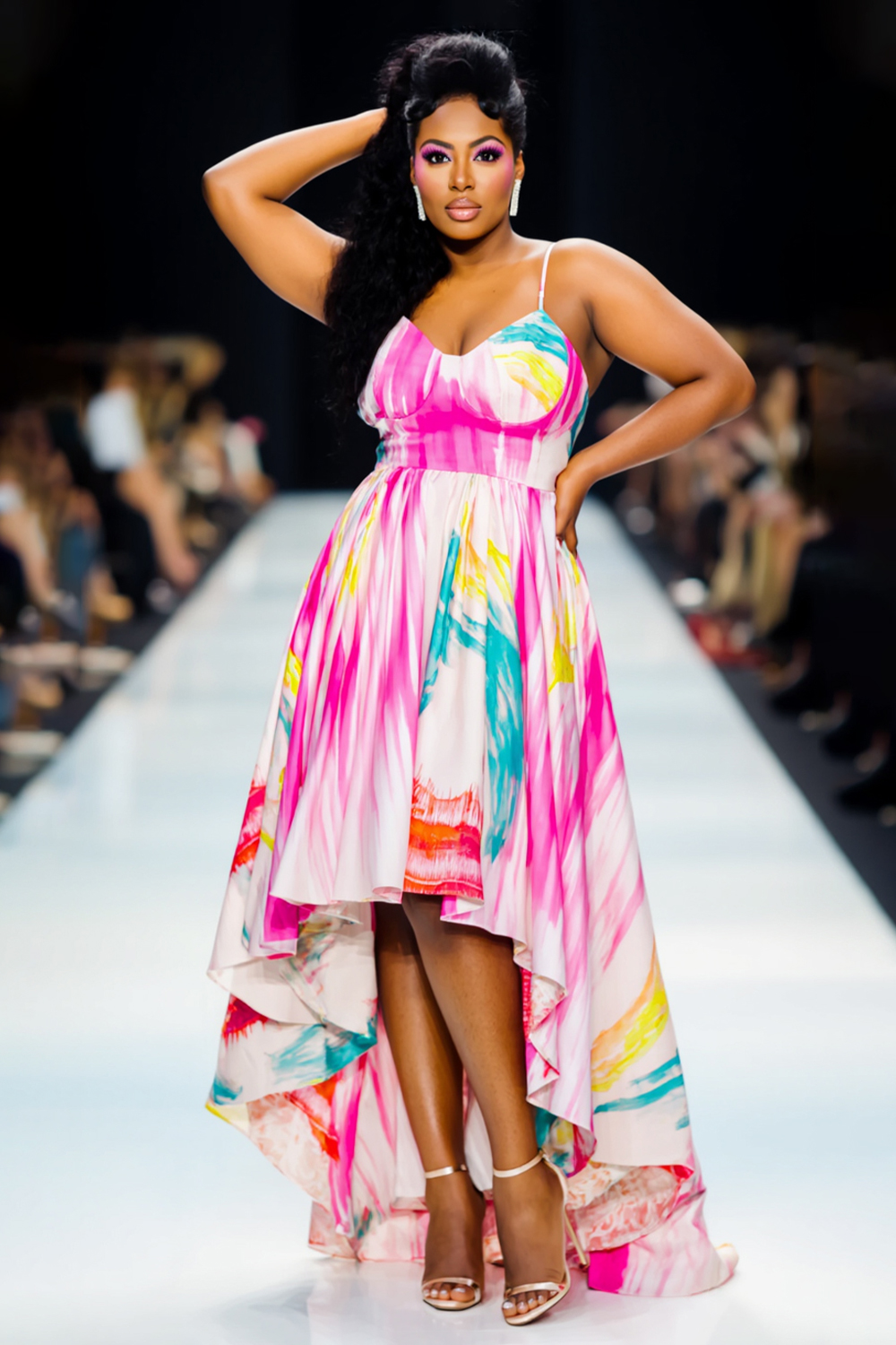 Painting Print Cinch Waist Party Maxi Slip Mullet Dresses-Pink [Pre Order]