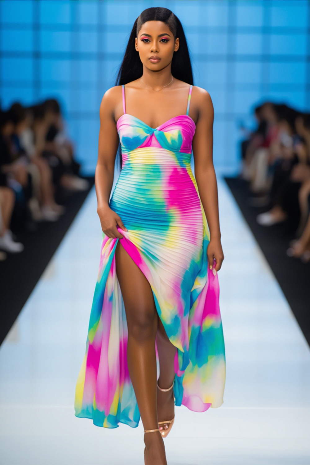 Tie Dye Print Twisted Bust Vacation Party Maxi Slip Dresses-Blue [Pre Order]