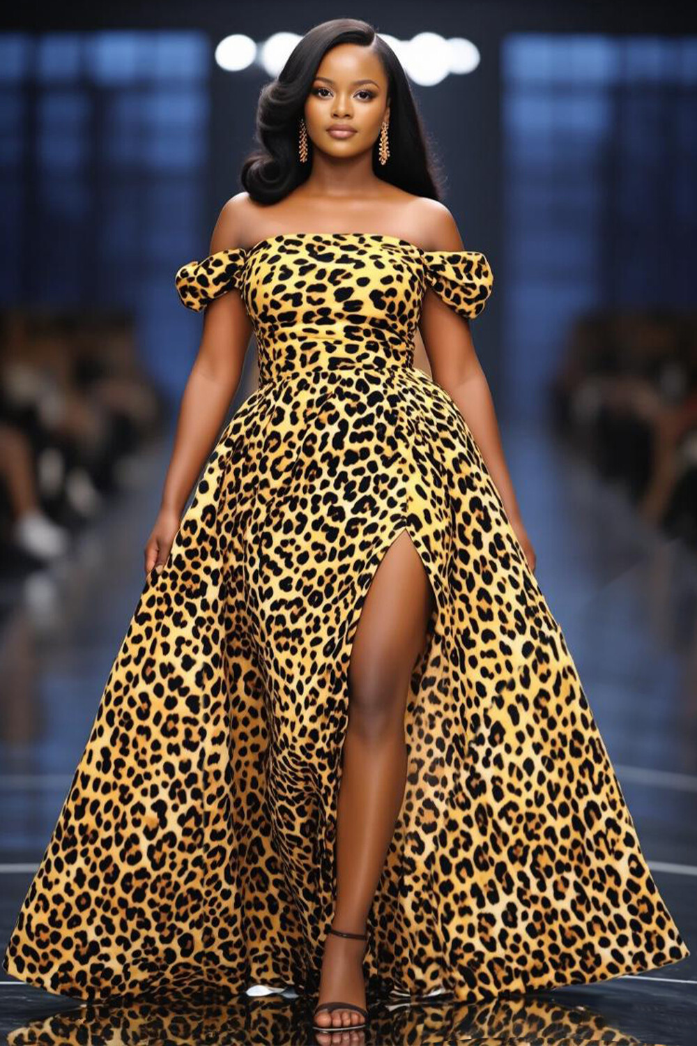 Leopard Print Off Shoulder High Slit Party Maxi Dresses-Brown [Pre Order]