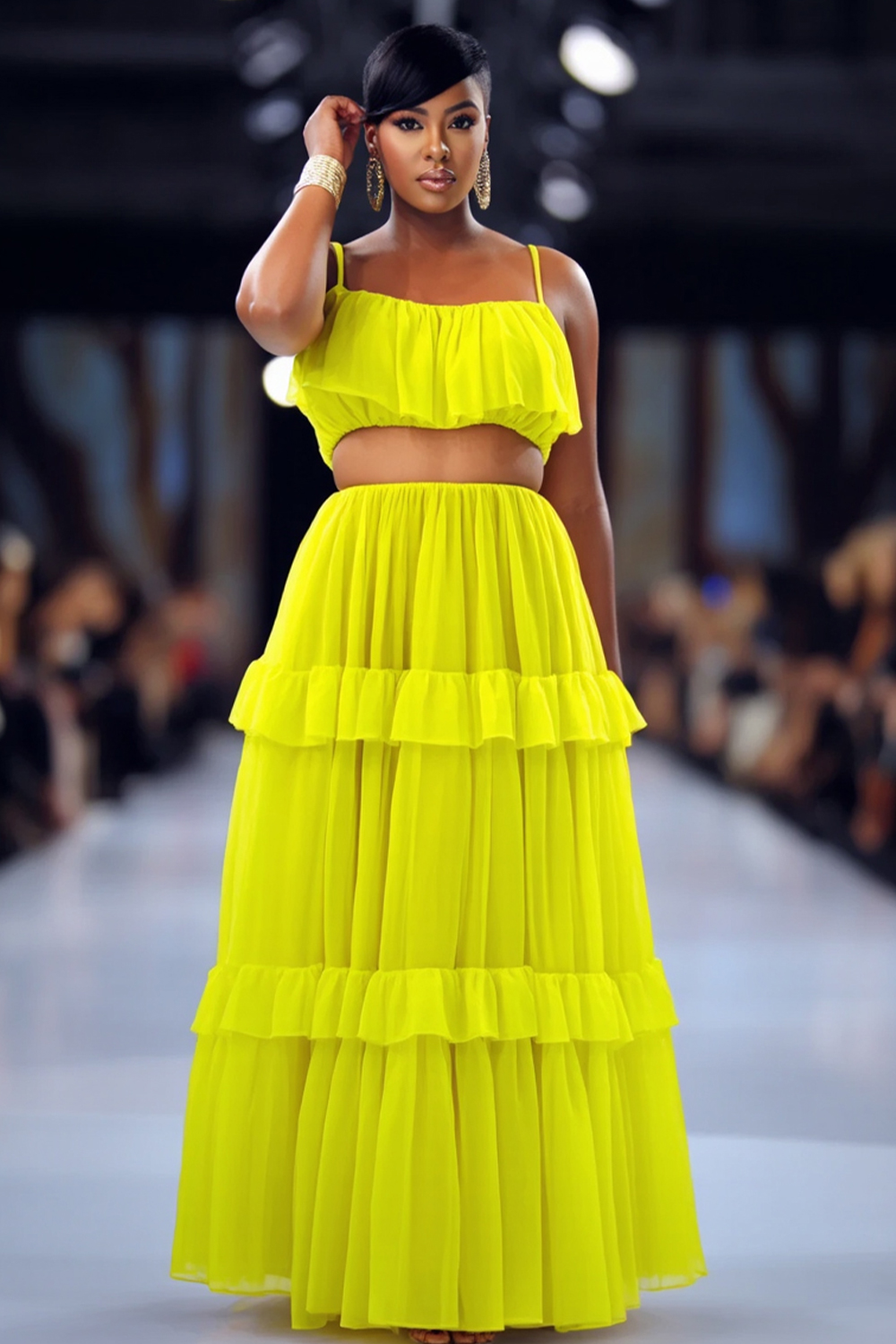 Gathered Cami Crop Top Tiered Maxi Skirt Vacation 2pcs Set-Yellow [Pre Order]