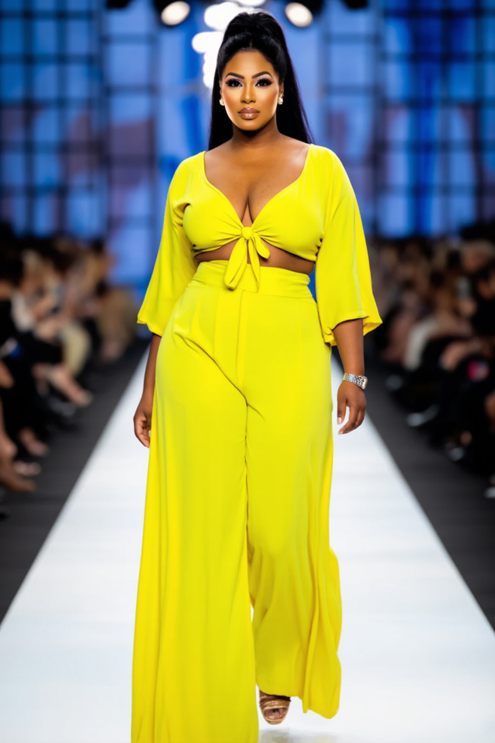 3/4 Sleeve Knotted Crop Top Wide Leg Pants 2pcs Set-Yellow [Pre Order]