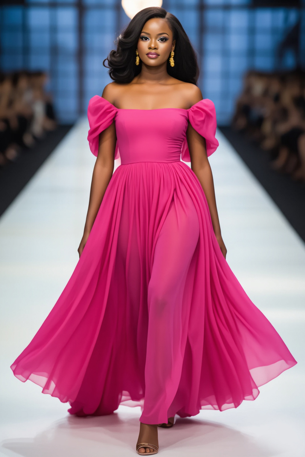 Off Shoulder Gathered Mesh Hem Party Maxi Dresses-Fuchsia [Pre Order]