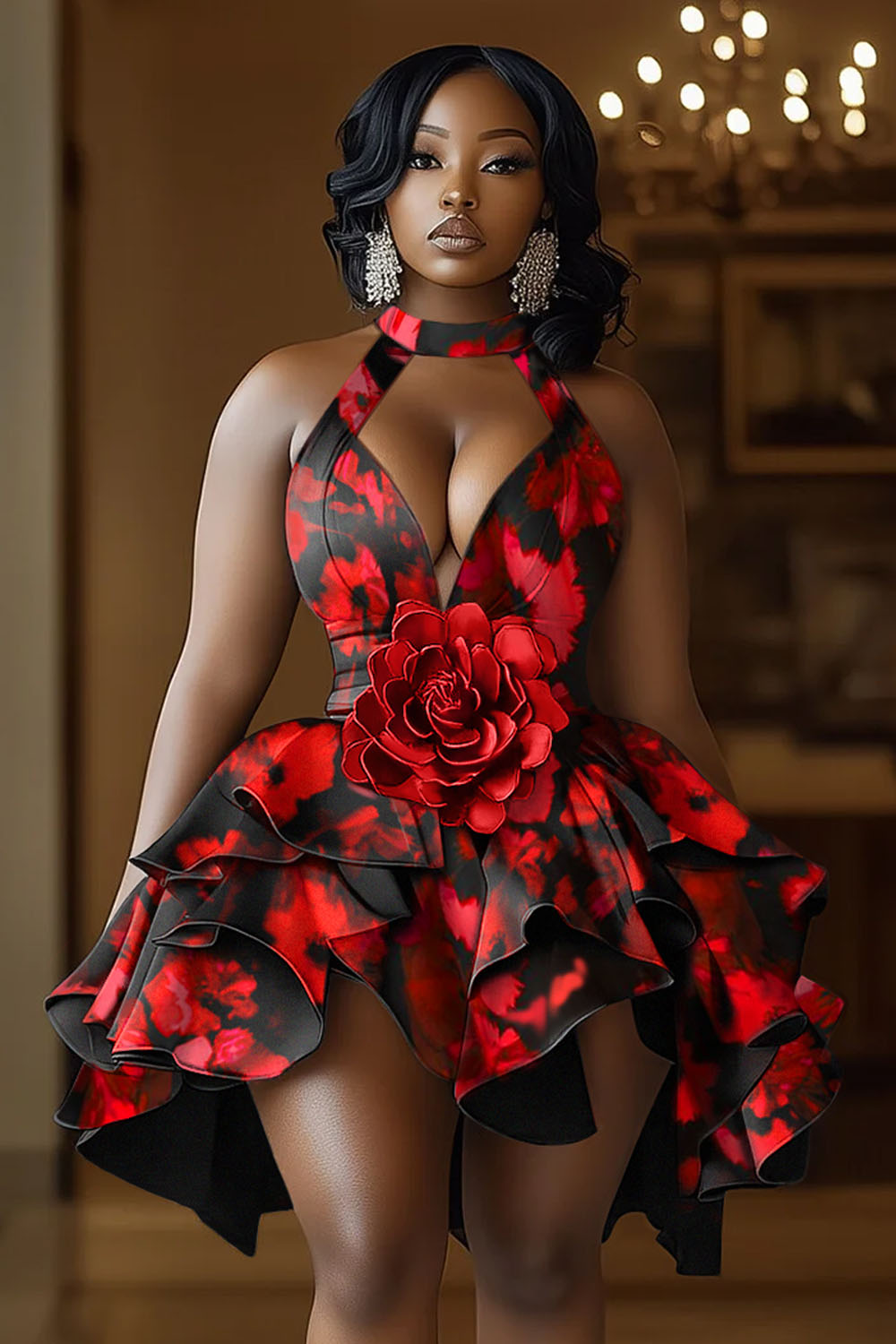 3D Floral Decor Print Halter Irregular Party Mini Dresses-Black [Pre Order]