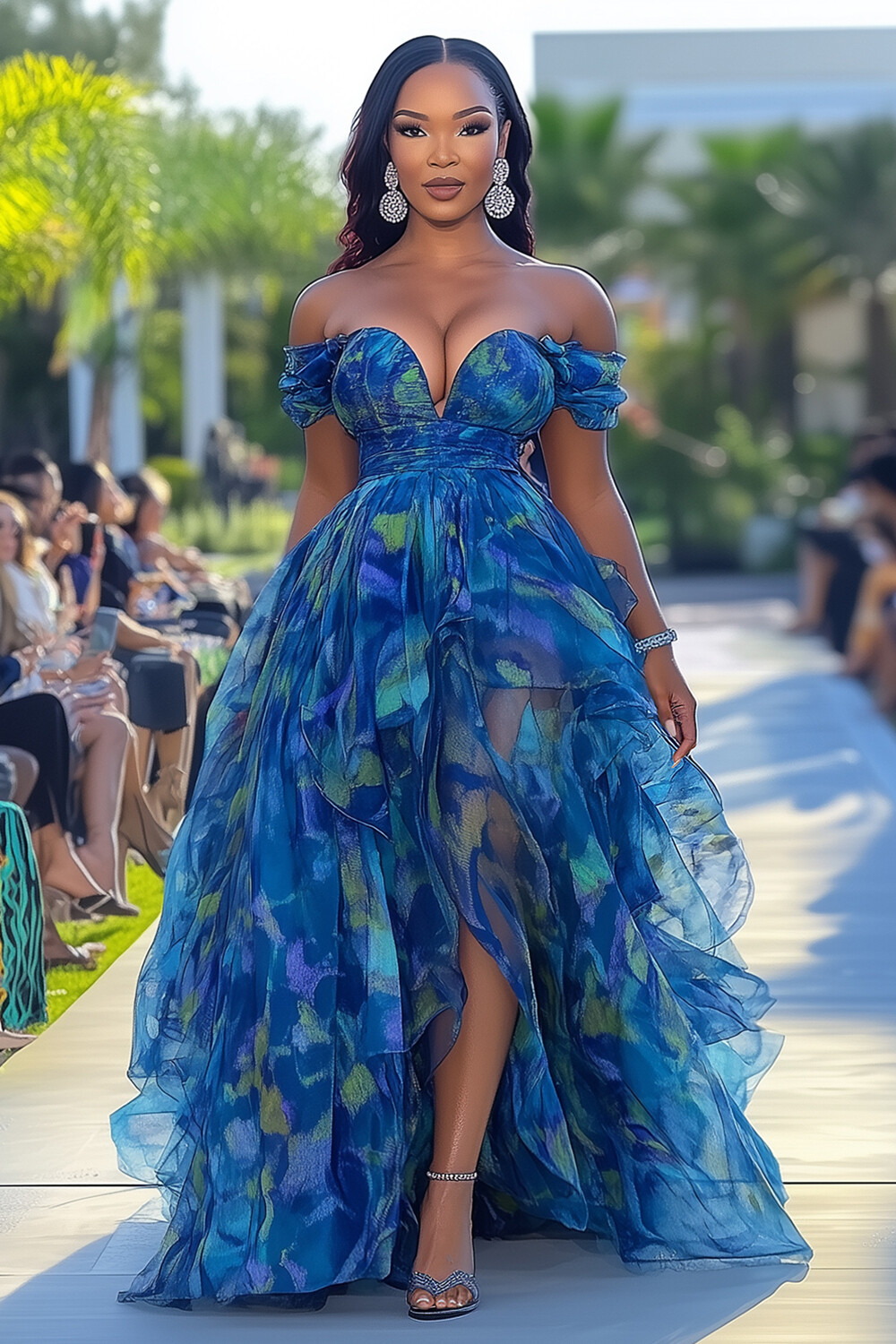 Off Shoulder Abstract Print Cinch Waist Maxi Dresses-Blue [Pre Order]