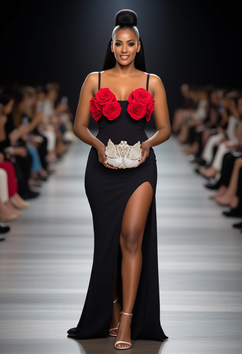 Rosette Decor Square Neck High Slit Party Maxi Slip Dresses-Black [Pre Order]
