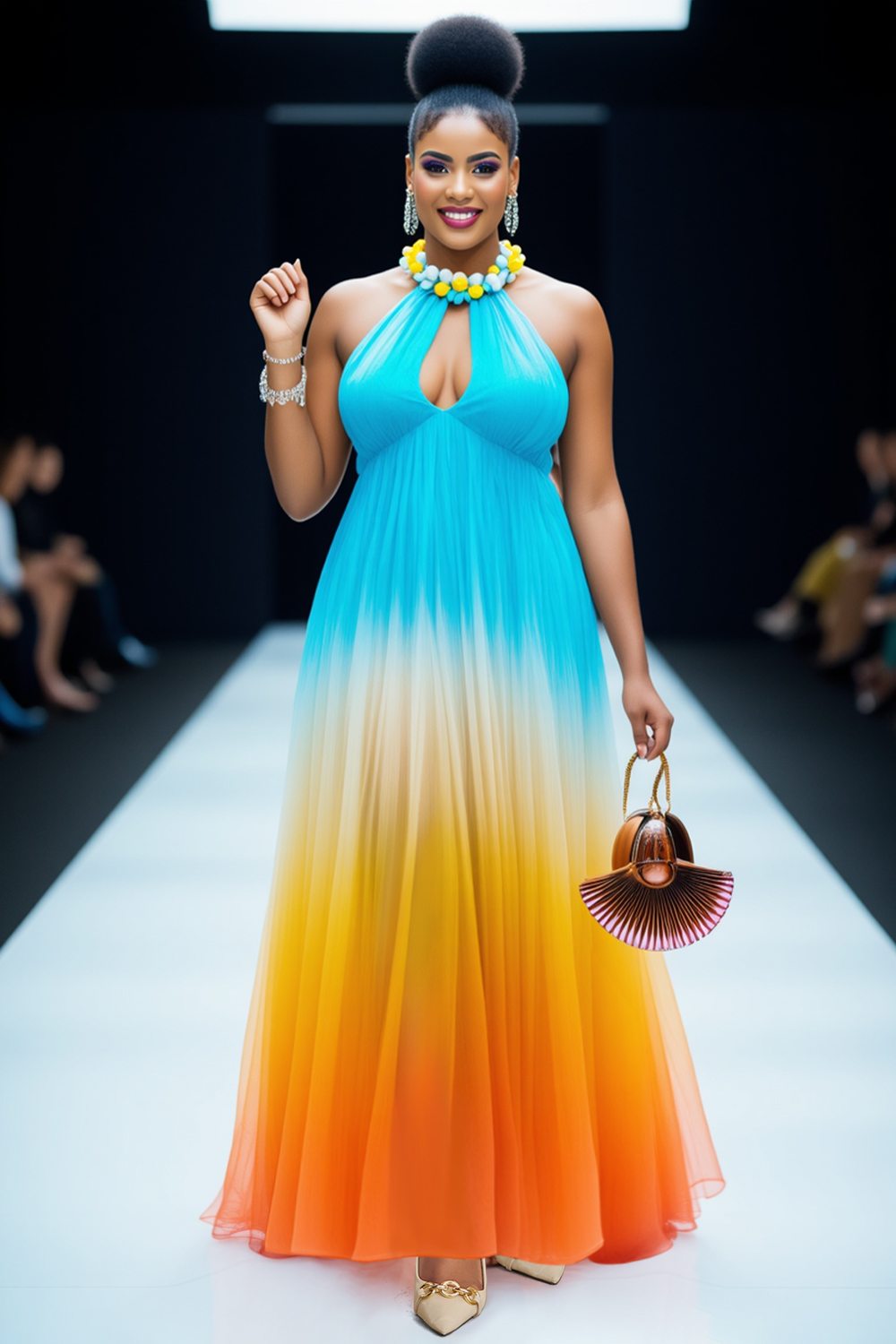 Halter Keyhole Neck Ombre Print Tulle Party Maxi Dresses-Blue [Pre Order]