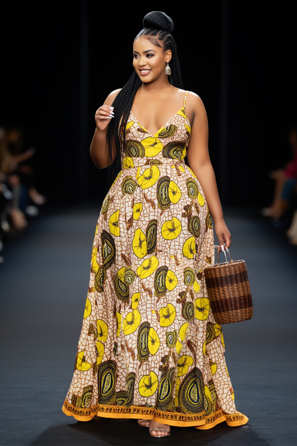 V Neck Boho Print Cinch Waist Vacation Maxi Slip Dresses-Yellow [Pre Order]