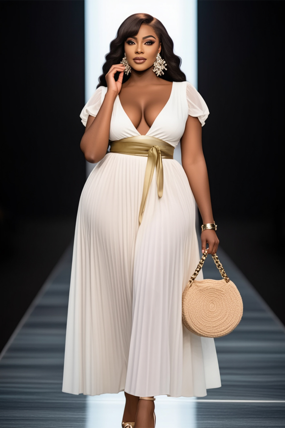V Neck Knotted Cinch Waist Pleated Hem Maxi Dresses-White [Pre Order]