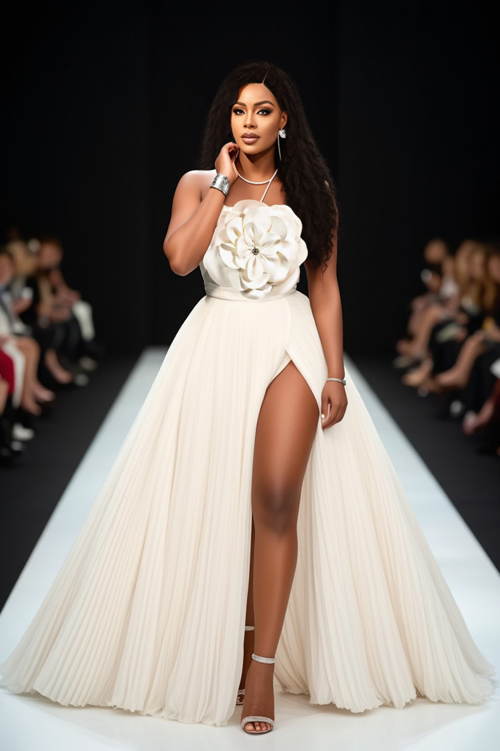 3D Floral Decor Pleated Slit Tulle Party Maxi Tube Dresses-White [Pre Order]