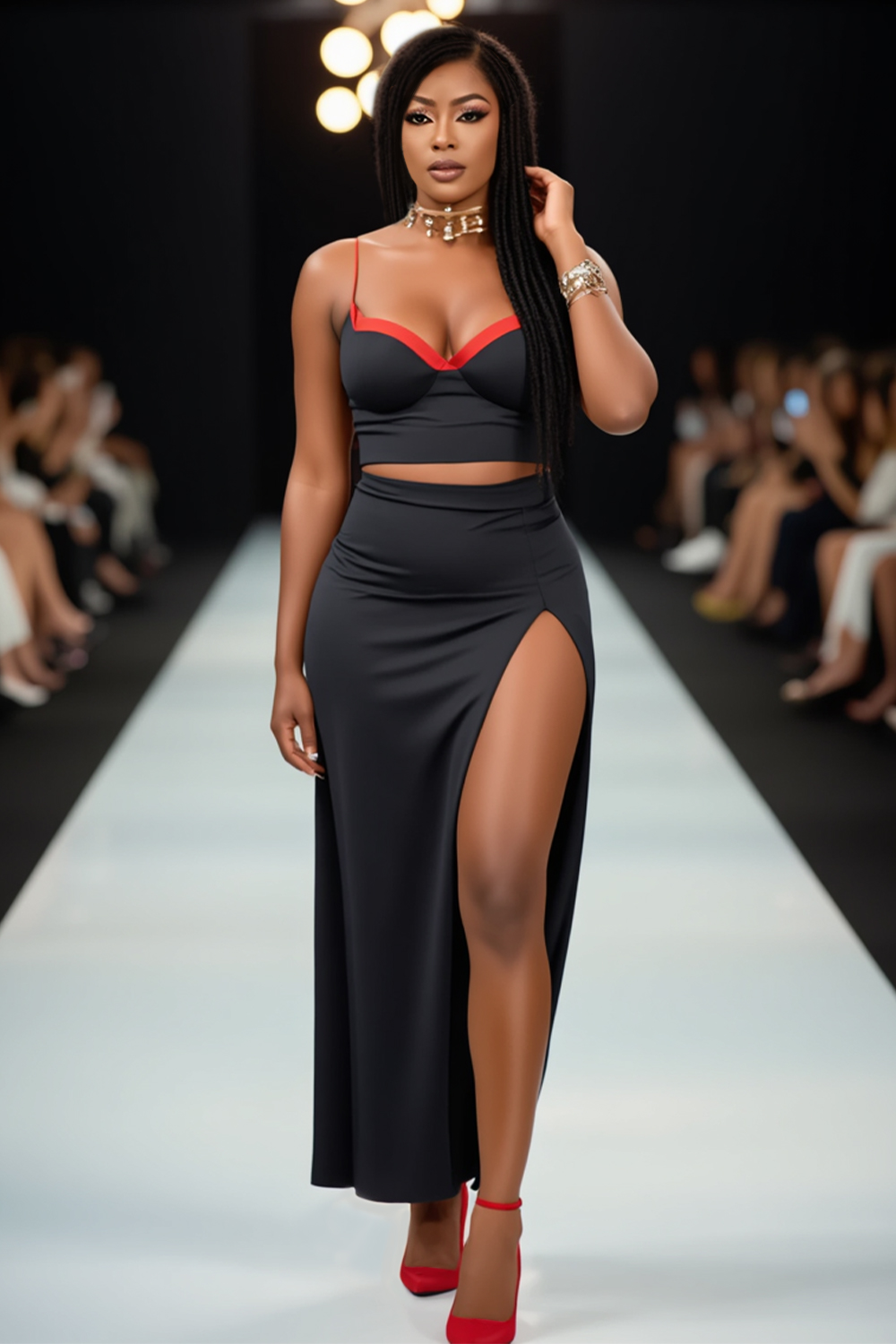 Colorblock Trim Cami Top Slit Maxi Skirt Party 2pcs Set-Black [Pre Order]