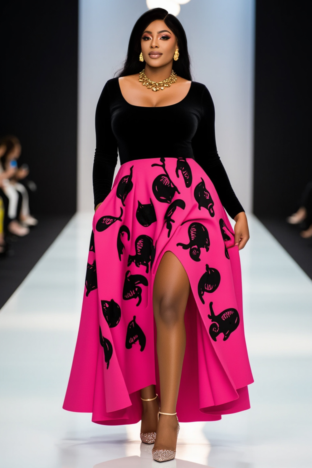 Long Sleeve Velvet Colorblock Print Slit Maxi Dresses-Fuchsia [Pre Order]
