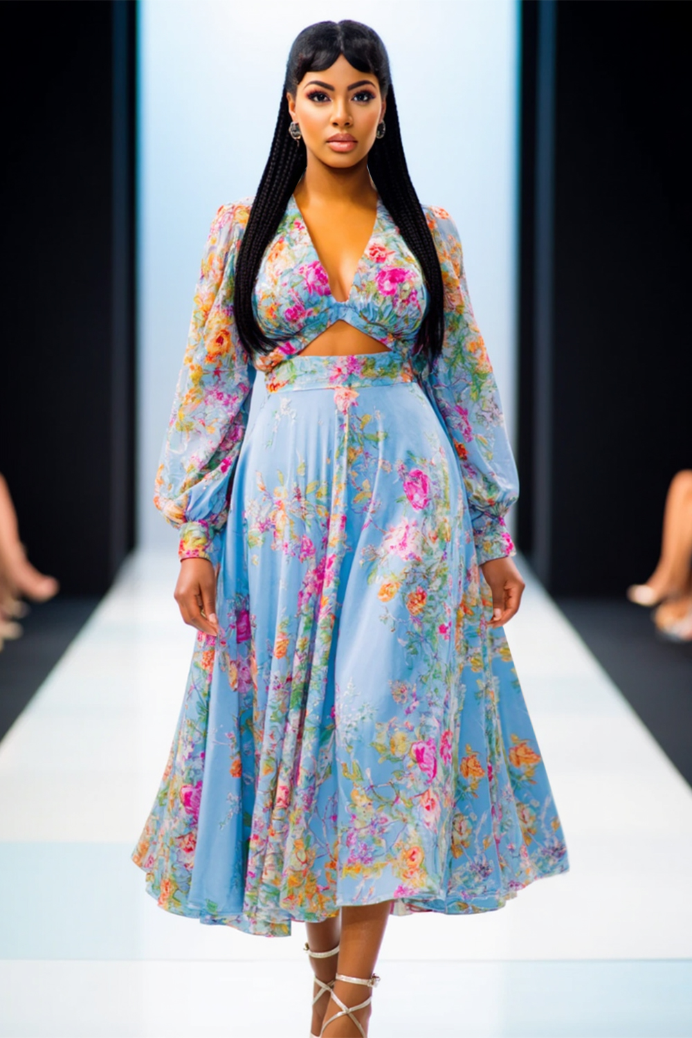 Floral Print V Neck Bell Sleeve Cutout Vacation Maxi Dresses-Blue [Pre Order]