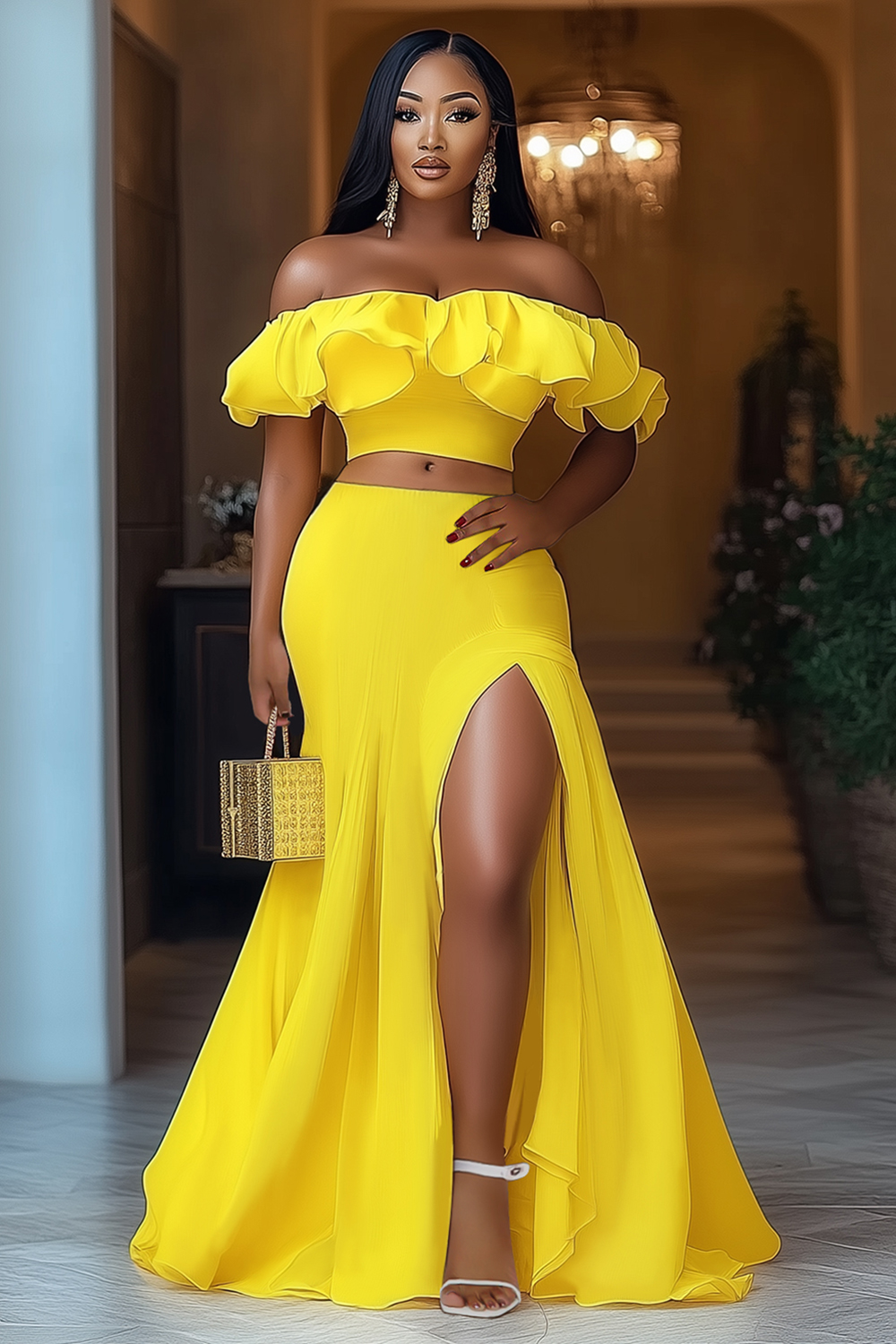 Ruffle Off Shoulder Crop Top High Slit Maxi Skirt 2pcs Set-Yellow [Pre Order]