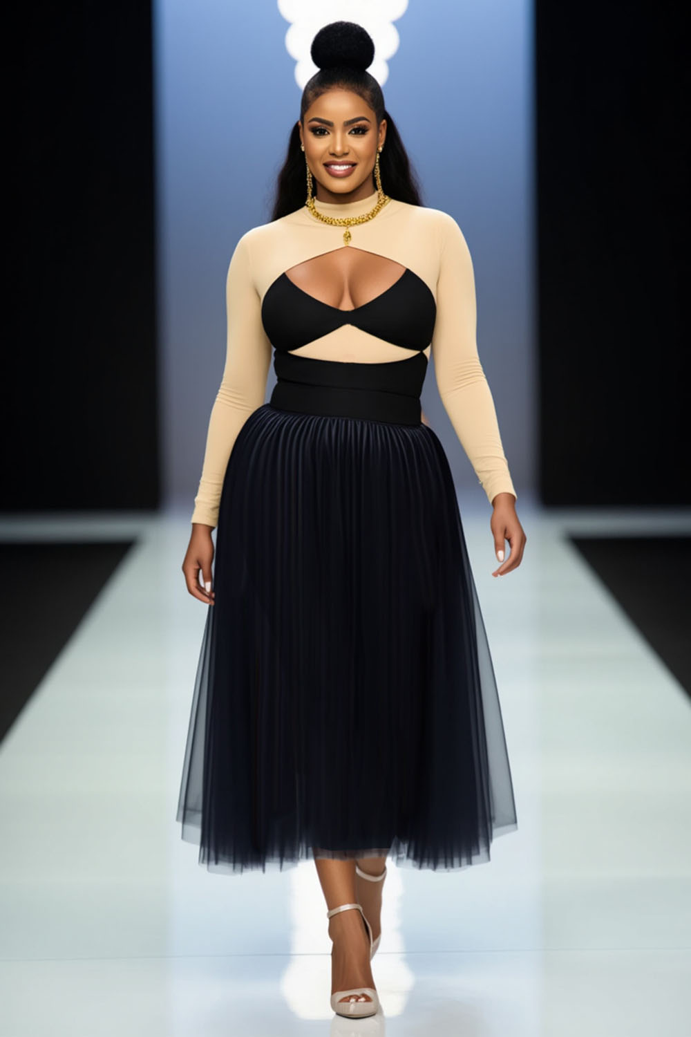 Colorblock Shrug Sleeve Pleated Mesh Party Maxi Dresses-Black [Pre Order]