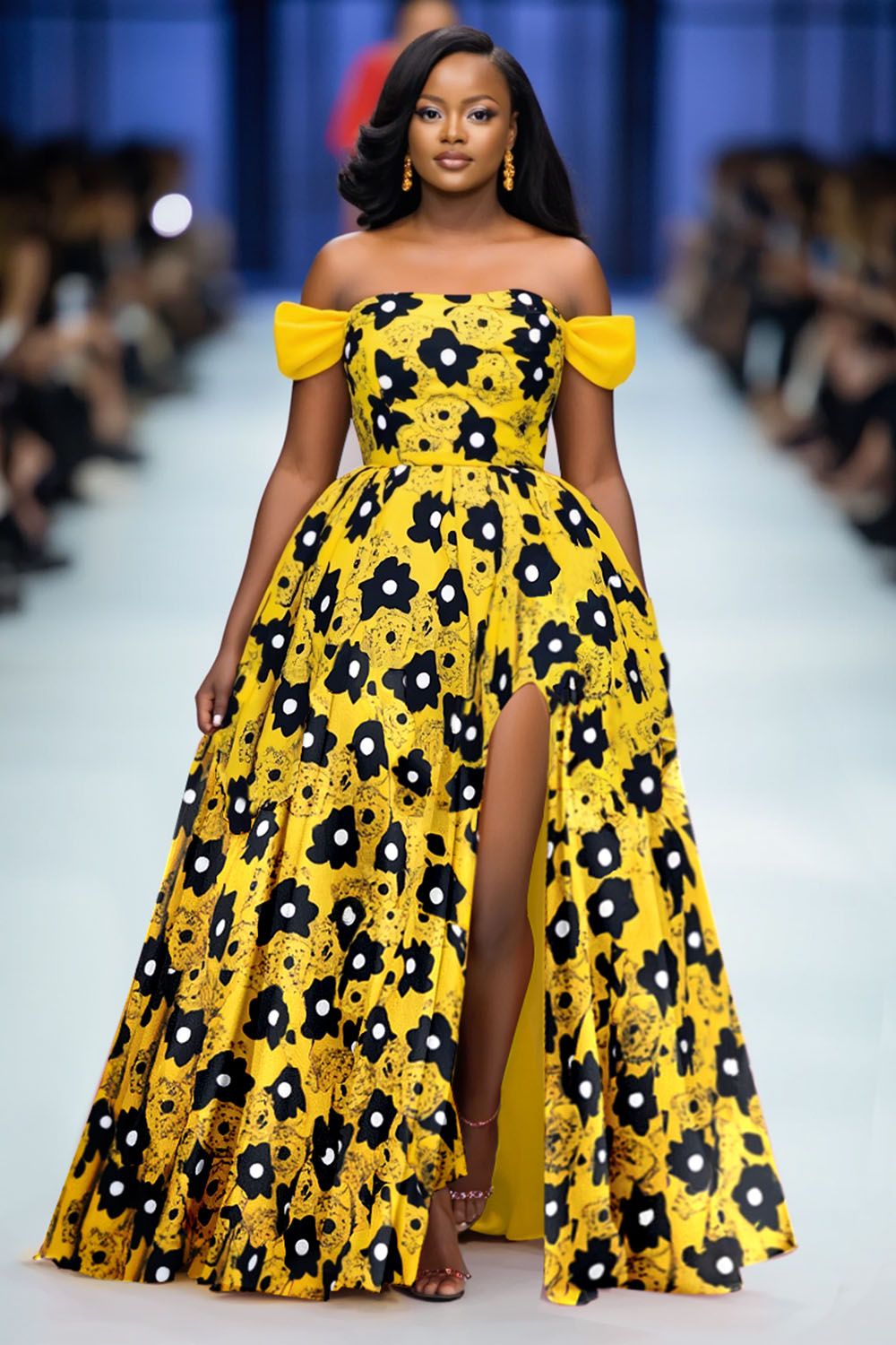 Off Shoulder Floral Print High Slit Party Maxi Dresses-Yellow [Pre Order]