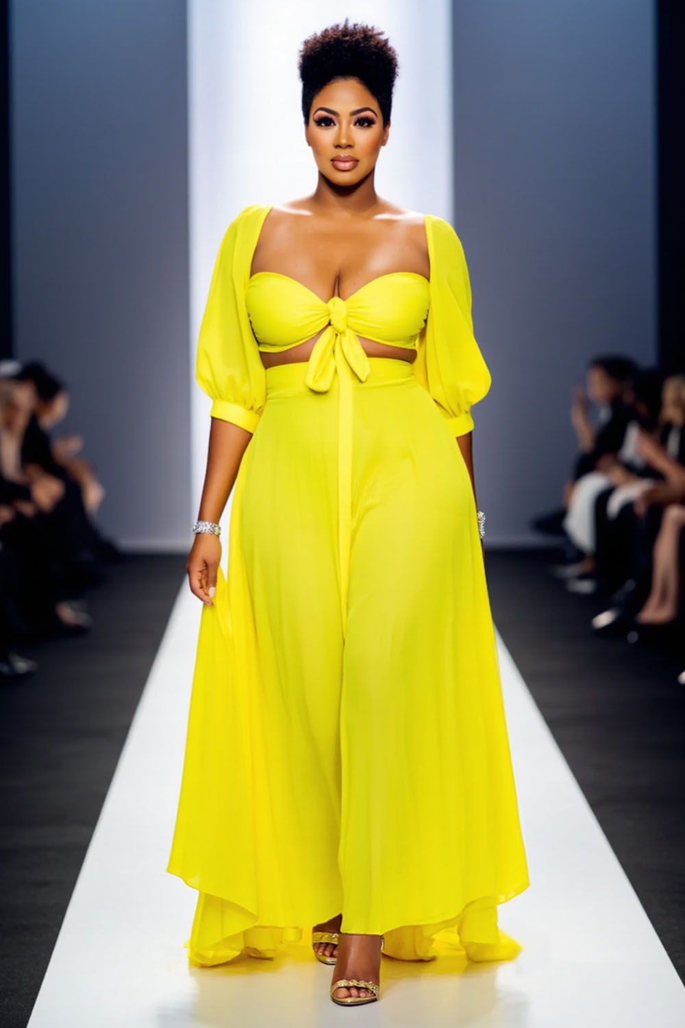 3/4 Puff Sleeve Ribbon Crop Top Flowy Maxi Skirt 2pcs Set-Yellow [Pre Order]